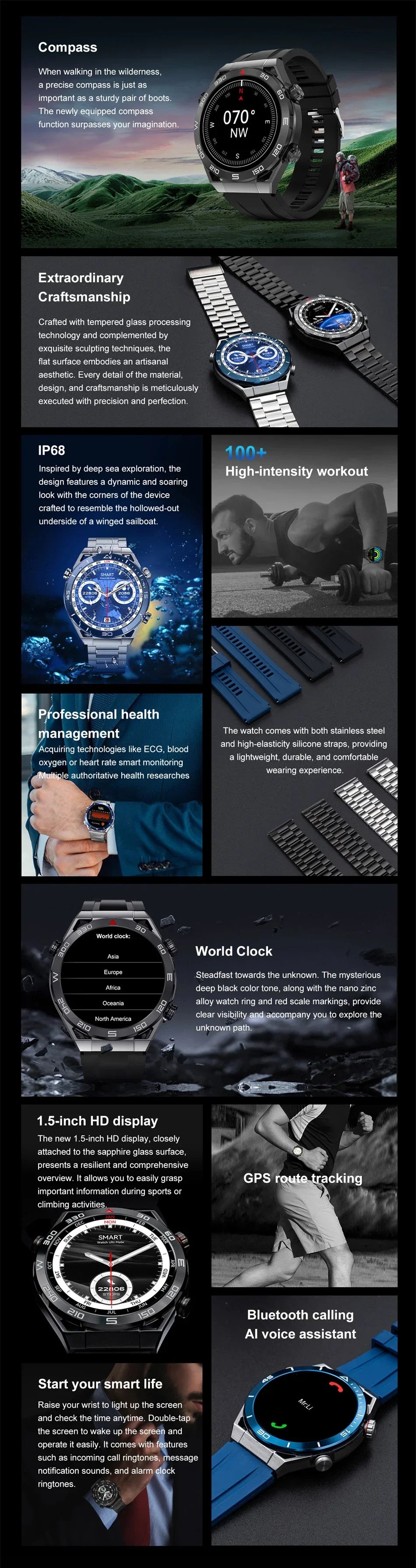 New Compass Smart Watch Men GPS Sport Track Fitness Watches Outdoor Compass Bluetooth Call HD Full Touch Screen NFC Smartwatch
